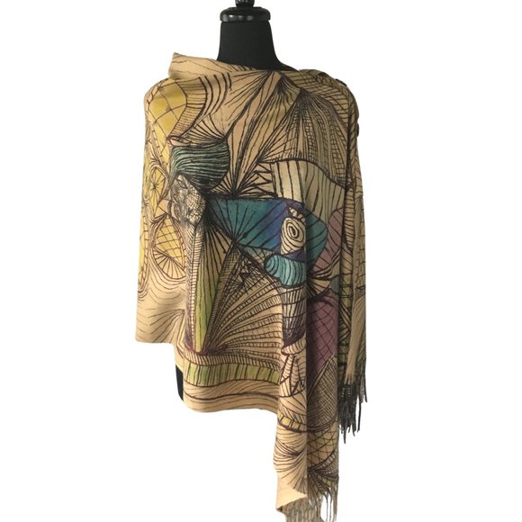 Cubist Abstract Art Line Drawing Flannel Buttoned Wrap Shawl Poncho Scarf - Picture 8 of 16